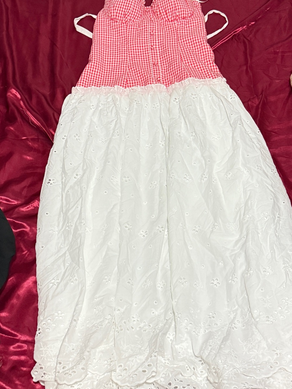 Fashion Nova Pink Gingham Bodice White Eyelet Maxi Dress
